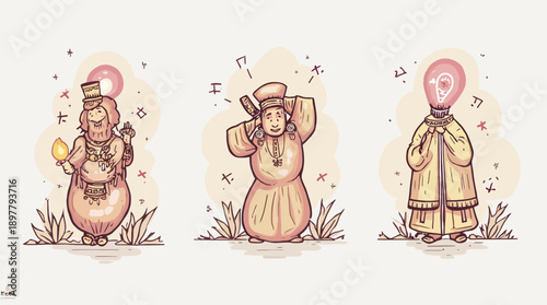 Illustrated figures depict concepts of thought, contemplation, and creative inspiration.