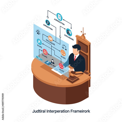 Man Analyzing Judicial Interpretation Framework on Computer.