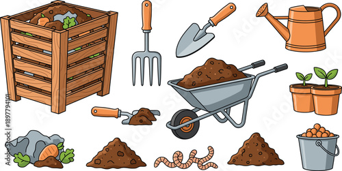 Gardening Tools and Composting Set with Wooden Bin Wheelbarrow Shovel Fork Watering Can Soil Worms and Seedlings Vector Illustration