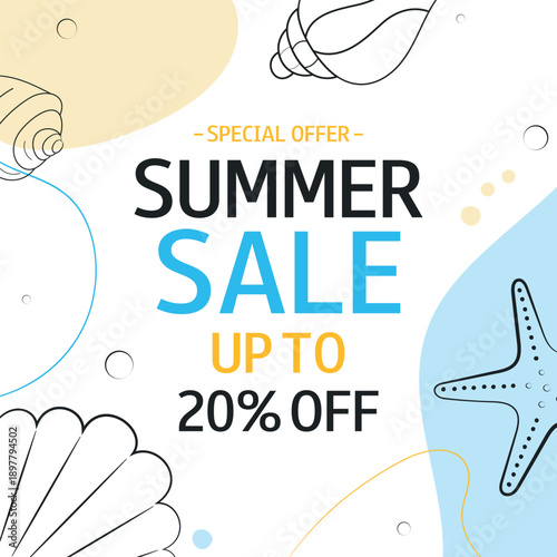 Summer Sale square background with seashells and text. Special Offer. Up to 20% off. Template for design, banner, flyer, poster, advertising, online store, shop window, promotion. 