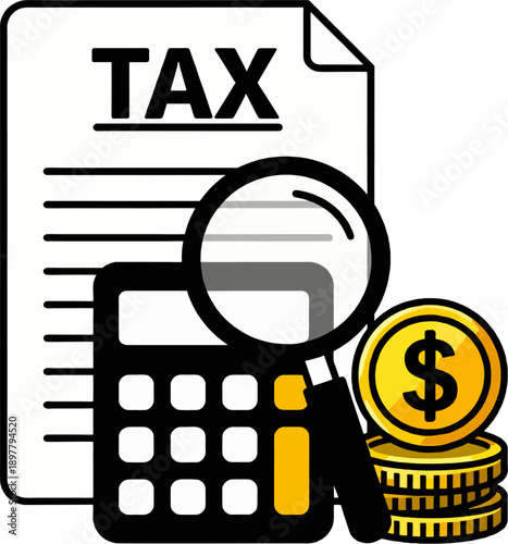 Flat Vector Tax and Finance Concept: White TAX Document Inspected by Magnifying Glass with Calculator and Golden Dollar Coins
