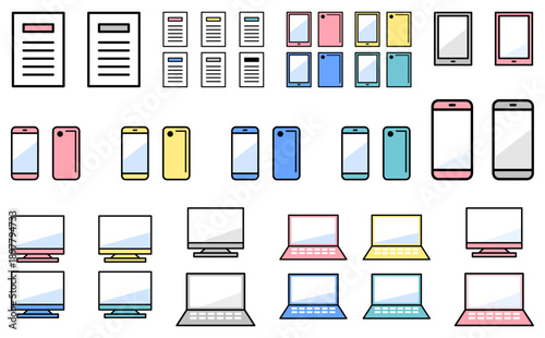 クラウド管理や業務DXの説明資料に使えるデジタル端末と書類のアイコン素材セット