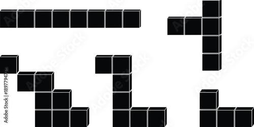Tetris Style Block Shapes Set with Black Geometric Tile Pieces for Puzzle Game Interface and Retro Arcade Vector Illustration