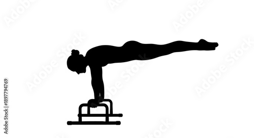 Female gymnast performs a balance beam routine on parallel bars in a studio environment from a side viewpoint