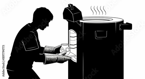 Man washing hands in front of a steaming industrial machine vector illustration