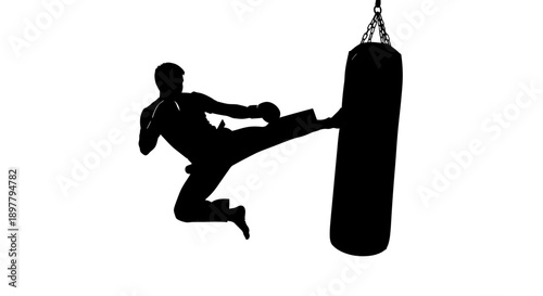 Man kicking punching bag in martial arts training session, dynamic silhouette, athletic pose, fitness, sport