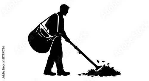 Man digging soil with shovel, silhouette illustration of person working in garden or farm