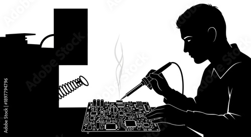 Man soldering electronic circuit board with precision tool in a workshop environment viewed from the side