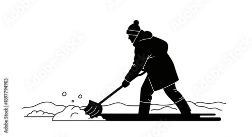 Person shoveling snow in winter landscape illustration from side view