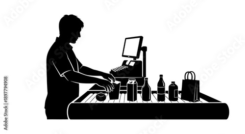 Man operating a cash register at a retail checkout counter with various products and bags