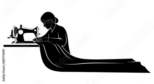 Woman sewing fabric on industrial machine in a textile workshop from a side view