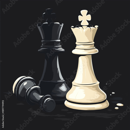 Illustration of chess pieces. Winning king standing beside fallen king. , vector style simple color