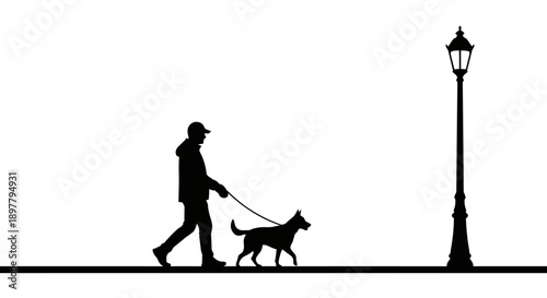 Man walking dog on leash beside a street lamp post at dusk from a side view
