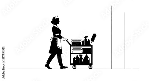 Illustration of a maid pushing a cart with cleaning supplies in a modern setting from a side viewpoint