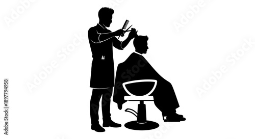 Barber cutting a man's hair in a salon chair from a side view