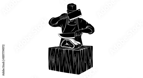 Blacksmith shaping metal on anvil atop wooden block, front view illustration