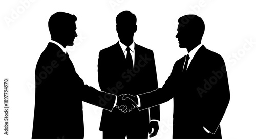 Businessmen shaking hands in a professional agreement with a third observing