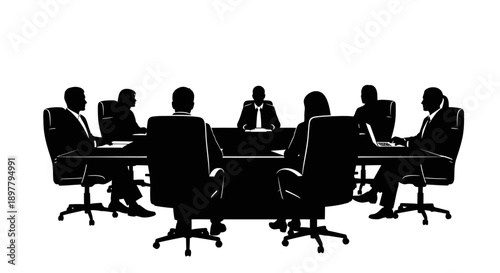 Business meeting scene with silhouetted figures around a conference table in a professional setting from a top-down viewpoint
