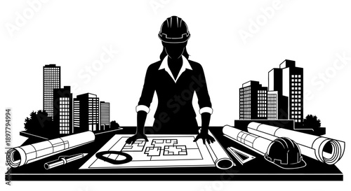 Female engineer reviewing architectural drawings in urban cityscape with modern buildings