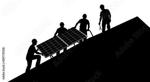 Workers installing solar panels on a rooftop with teamwork and caution