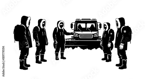 Group of hooded figures surrounding a vehicle in a monochromatic illustration