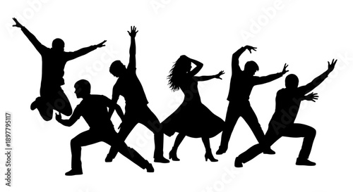Dynamic silhouettes of people dancing together in a lively energetic scene viewed from the side