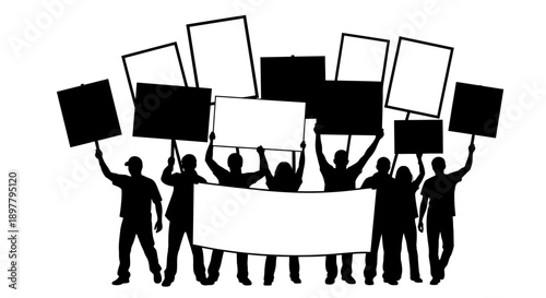 Group of protesters holding signs and banner in solidarity from various viewpoints