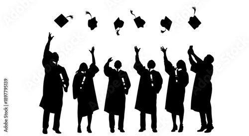 Graduates in academic robes celebrating achievement by tossing caps in the air together