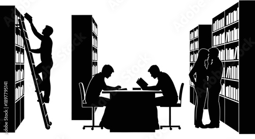 People working in a library with bookshelves and individuals researching