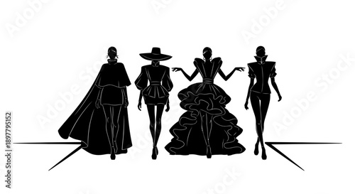 Fashion models walking on a catwalk, showcasing stylish clothing and accessories, from various cultural influences, in a dynamic vector illustration
