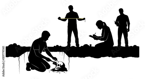 Workers excavating at a construction site, digging and inspecting the ground from various viewpoints