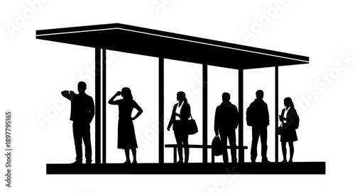People waiting under a bus shelter, silhouetted against a plain background, vector illustration