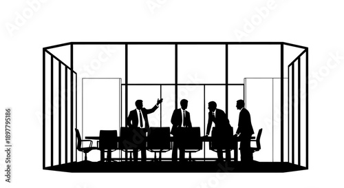 Business meeting illustration in a modern glass office with professionals discussing around a table from an outside viewpoint