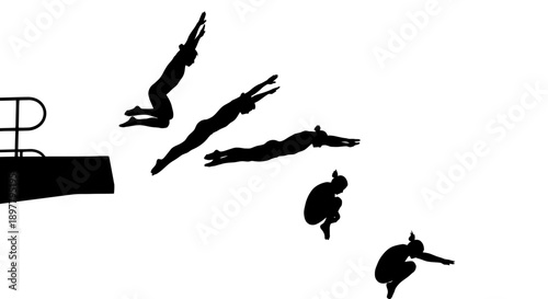 Divers jumping off a diving board into the water, captured from a side viewpoint