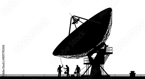 Technicians servicing large satellite dish on elevated platform, viewed from a distance