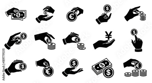 A set of black and white icons illustrating hands holding, giving, receiving, and stacking various international currencies like dollars, euros, and yen, representing financial transactions.