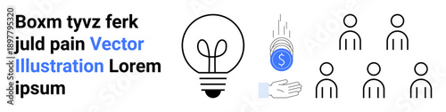 Business strategy, innovation, teamwork, investment growth, human resources, productivity. Graphic elements include a light bulb, coins a hand and group figures. Innovation and investment growth