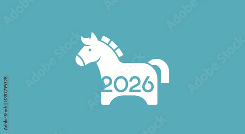 Stylized white horse with '2026' text on a teal background, representing the Chinese New Year of the Horse zodiac sign.