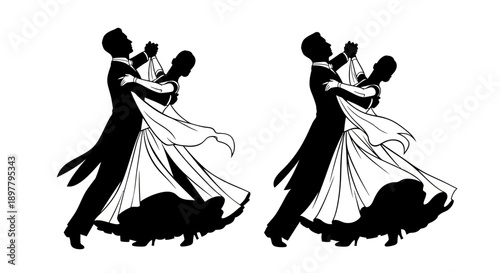 Couple dancing waltz together in elegant silhouettes, romantic illustration, soft movement, dance floor, gentle sway
