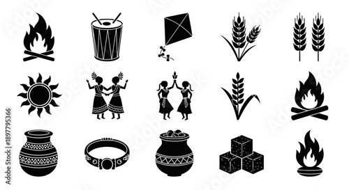 A collection of black and white icons representing an Indian harvest festival, featuring elements like bonfires, drums, kites, wheat, sun, dancers, pots, and jaggery.
