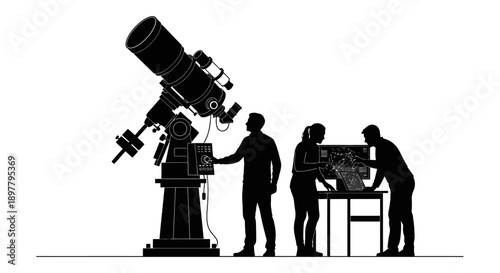 Black-and-white illustration of three people observing through a telescope at a table, exploring science and astronomy