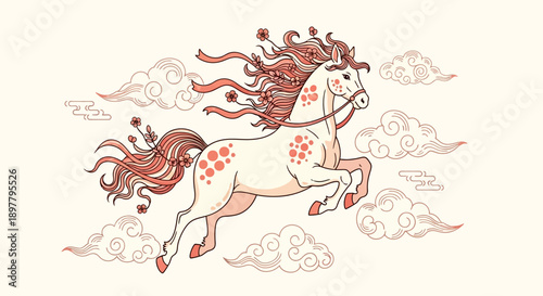 Mythical white horse with flowing reddish mane and tail, adorned with flowers and ribbons, leaping gracefully through traditional Chinese clouds.
