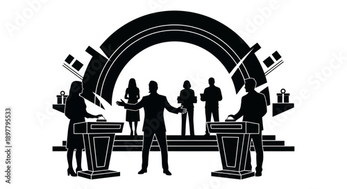 Dramatic Theatrical Performance Group on Stage Archway Black-and-White Graphic Illustration