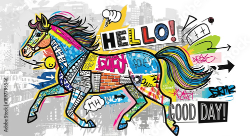Dynamic and vibrant graffiti-style horse illustration featuring urban elements, bold colors, and expressive text like 'HELLO!' and 'GOOD DAY!'.