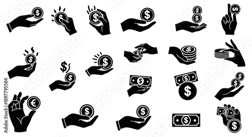 A collection of black and white icons depicting hands holding coins and banknotes, symbolizing money, finance, and transactions.