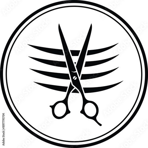 Barber shop logo with hair scissors and comb, professional salon equipment icon, haircutting tools vector illustration, hairdressing vintage emblem, grooming accessory.