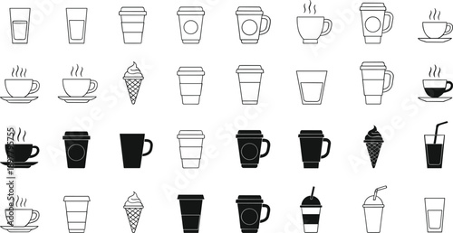 Coffee and Beverage Cup Icon Set with Hot Drinks Takeaway Mugs Glasses and Ice Cream Black Outline Vector Collection