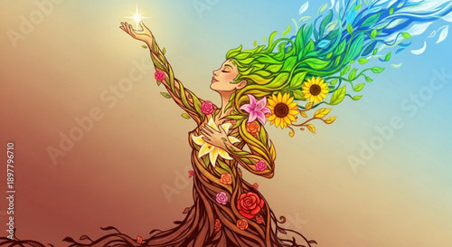Woman with green hair and flowers reaching for light symbolizing growth and harmony