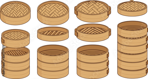 Collection of Bamboo Steamer Baskets in Different Angles and Stack Configurations for Asian Cooking Dumplings and Dim Sum Vector Illustration