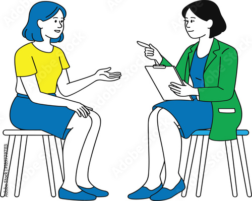 Female doctor consultation with woman patient during medical counseling therapy or mental health discussion in clinic flat vector illustration